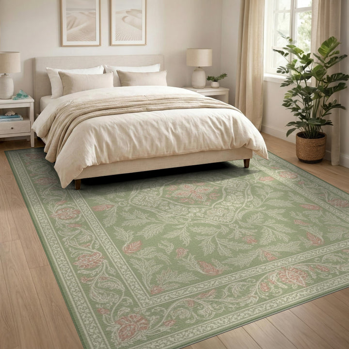 Sage Green Floral Vintage Area Rug
