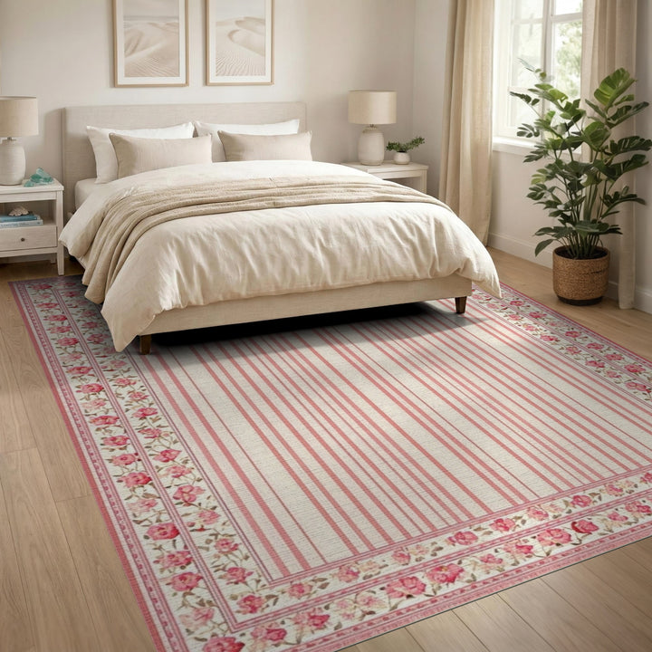Pink Floral Vintage Striped Area Rug