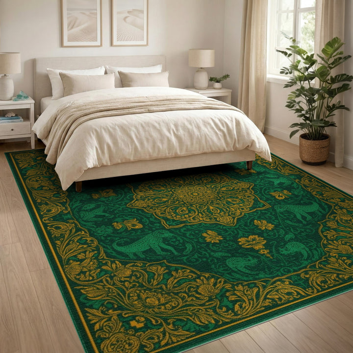 Green Gold Leopard Medallion Area Rug
