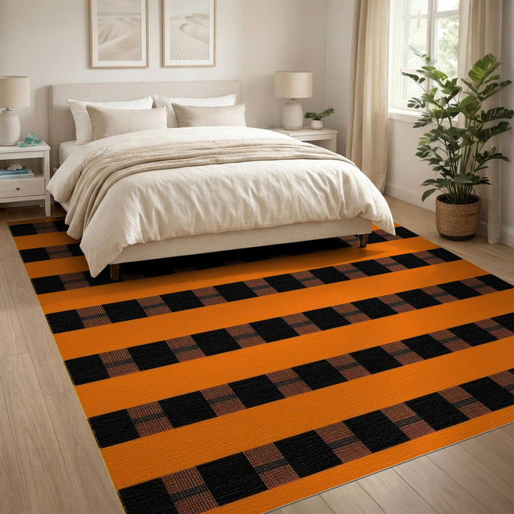 Orange Black Checkered Stripe Area Rug