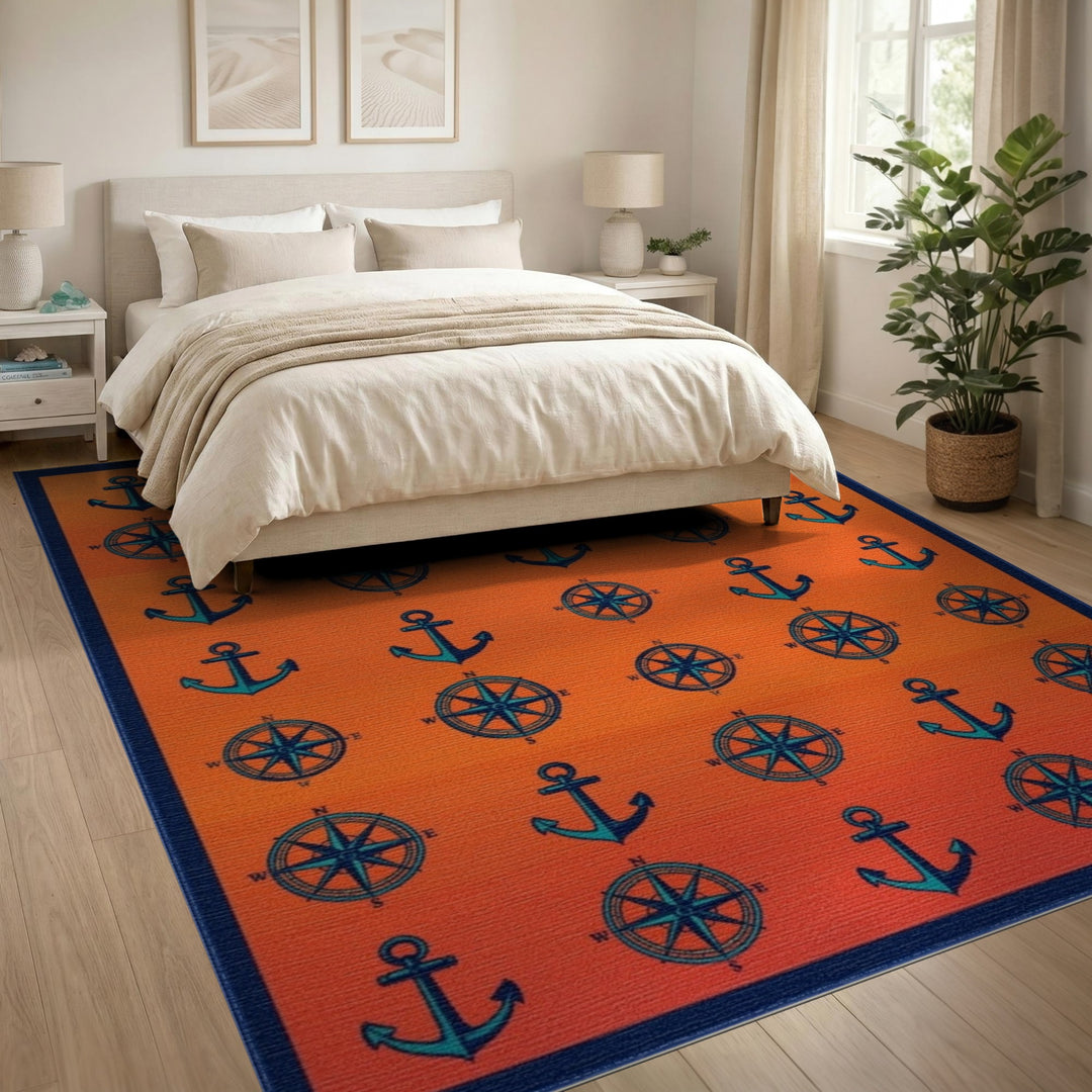 Orange Anchor Compass Coastal Area Rug
