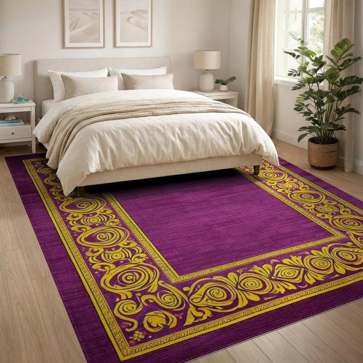 Purple Floral Vintage Area Rug with Yellow Border