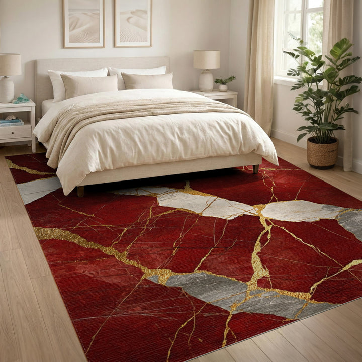 Red Marble Gold Vein Red Area Rug