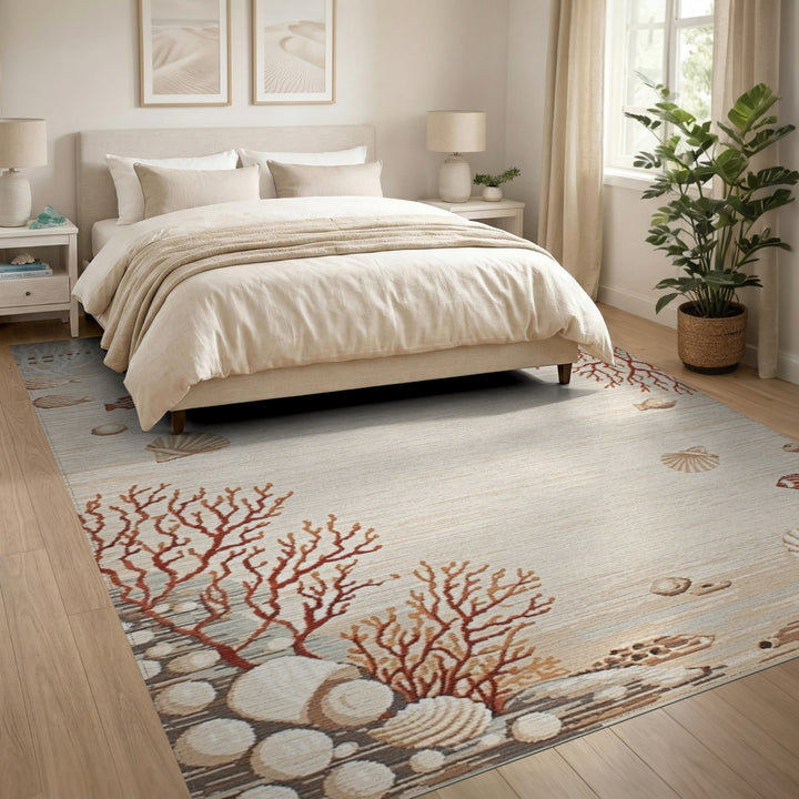 Beige Coastal Coral Seashell Area Rug