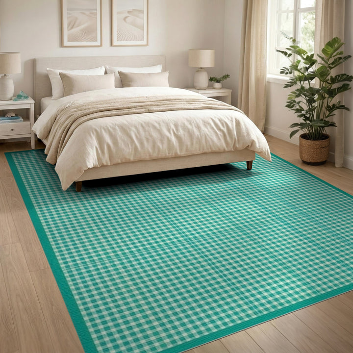 Teal Gingham Checkered Washable Area Rug