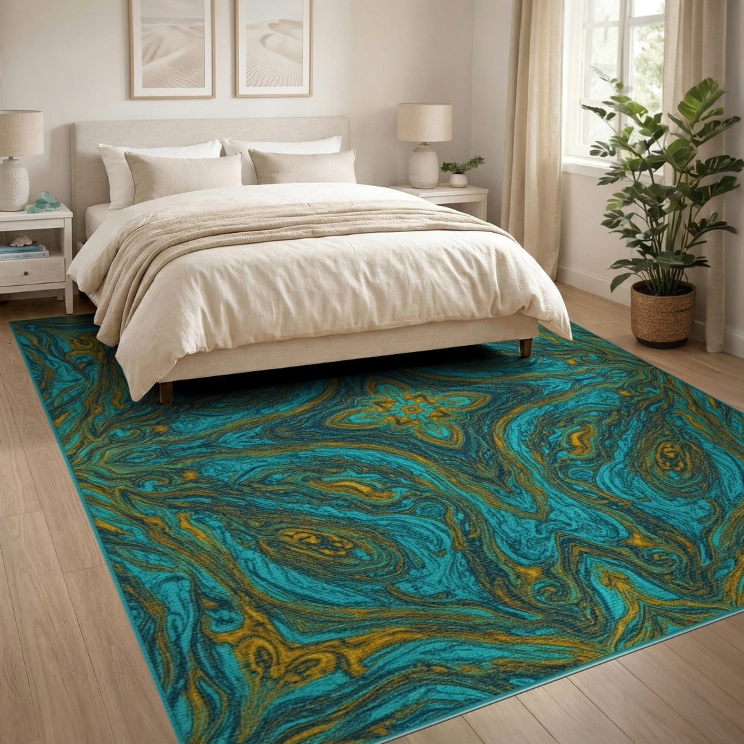 Teal Gold Swirl Abstract Blue and Teal Area Rug