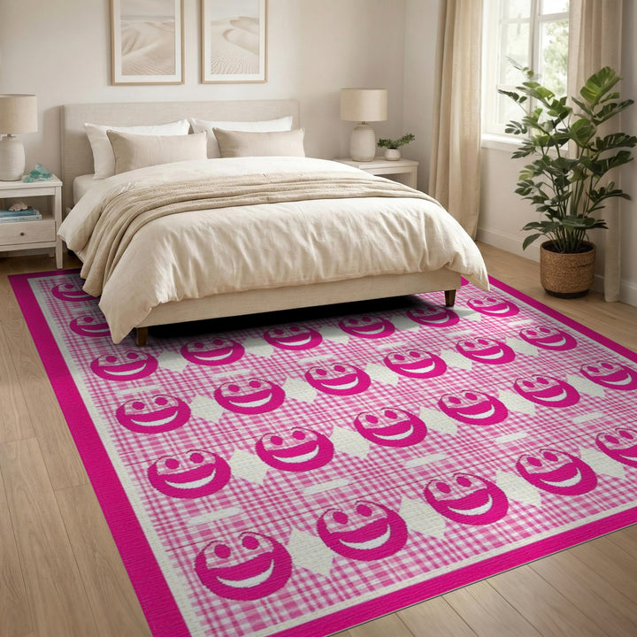 Pink Smiley Face Gingham Kids Area Rug