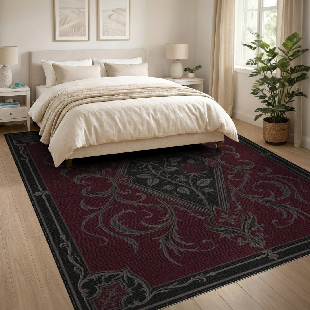 Red Floral Vintage Area Rug with Silver Roses
