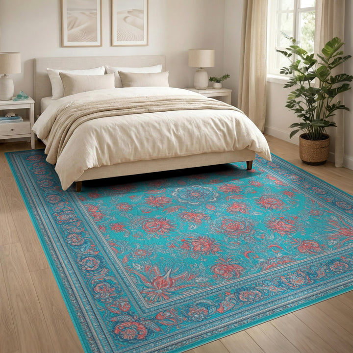 Teal Red Floral Medallion Area Rug