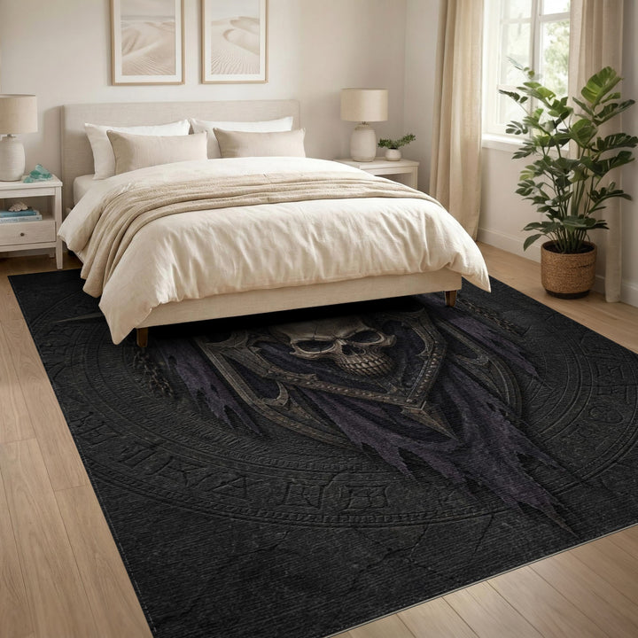 Gothic Skull Shield Grey Area Rug