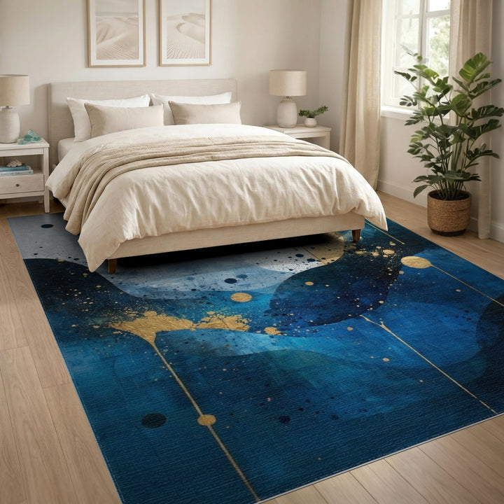 Blue and Teal Blue Gold Abstract Wave Area Rug