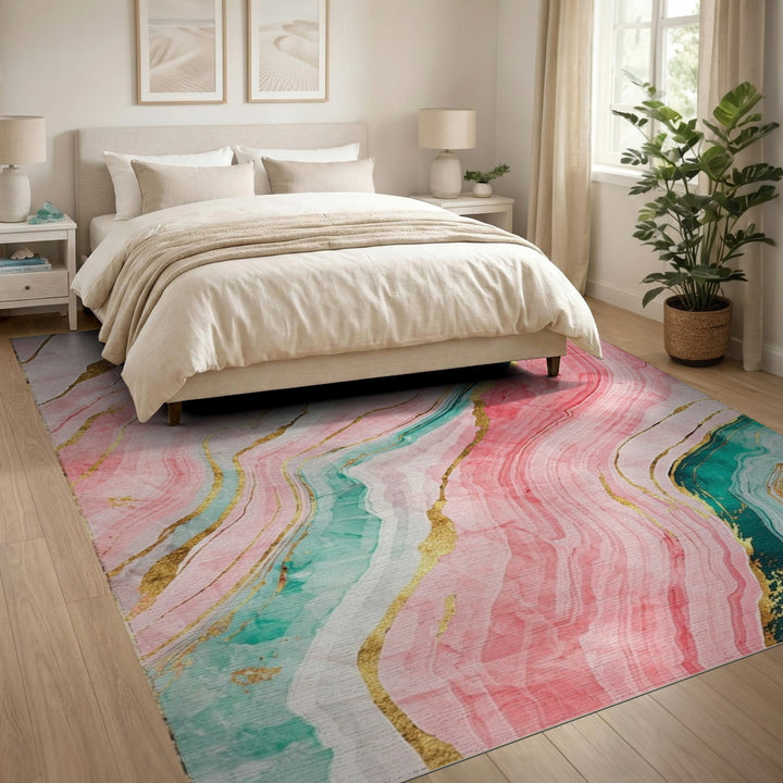 Pink Marble Gold Teal Abstract Area Rug