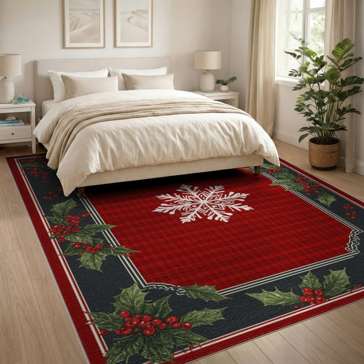 Red Plaid Snowflake Holly Area Rug