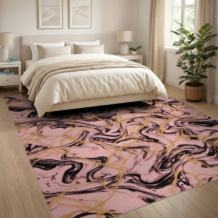 Pink Marble Swirl Area Rug with Gold Accents