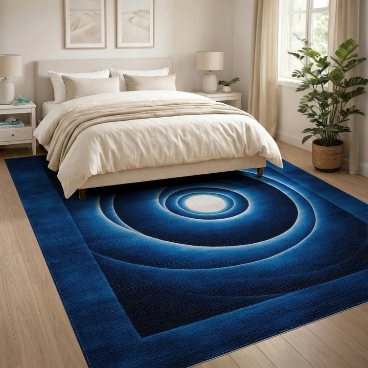 Blue and Teal Blue Concentric Circles Geometric Area Rug