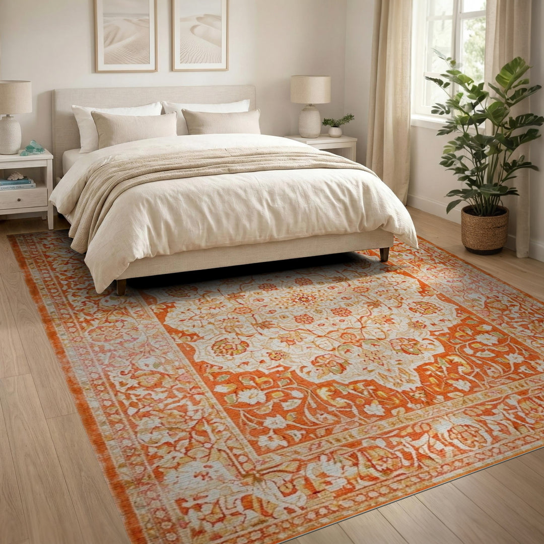 Orange Floral Persian Traditional Persian Area Rug