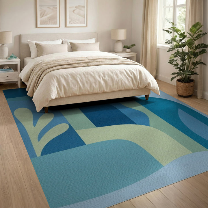 Blue Teal Abstract Washable Area Rug