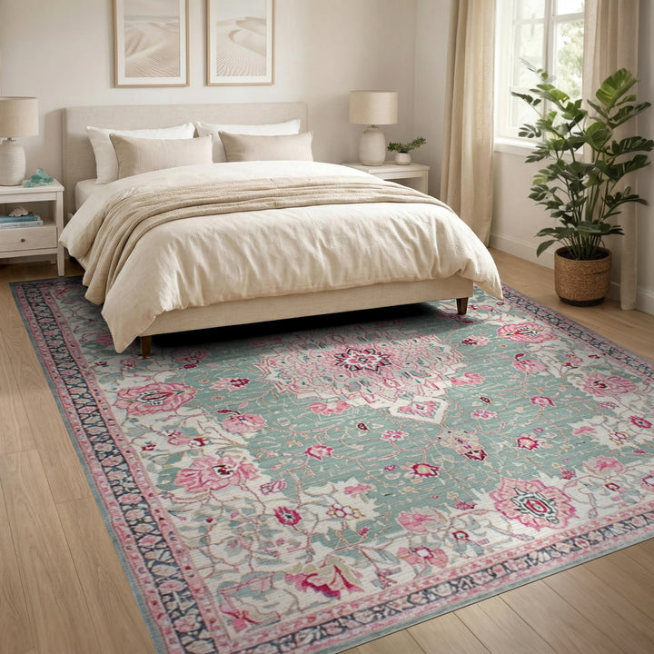 Teal Floral Medallion Vintage Blue and Teal Area Rug