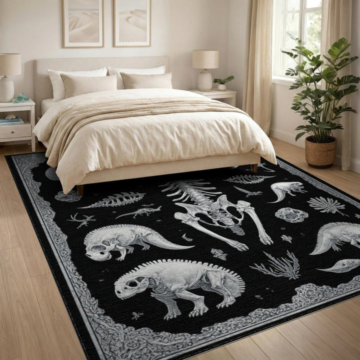 Black and White Dinosaur Skeleton Area Rug