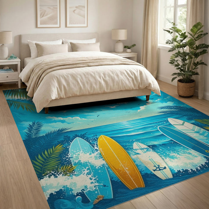 Blue Surfboard Waves Coastal Beach Area Rug