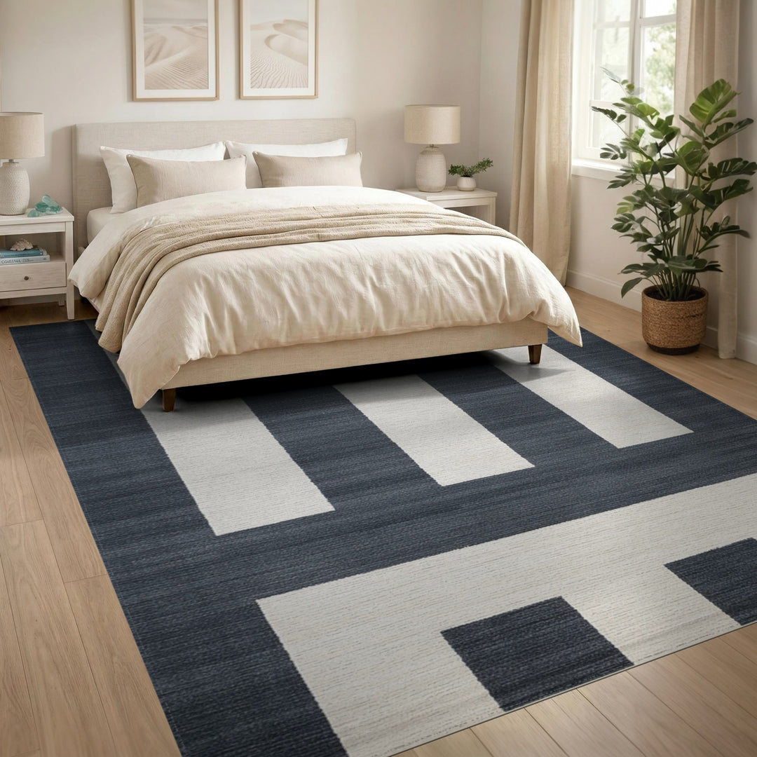 Navy Striped Geometric Washable Area Rug