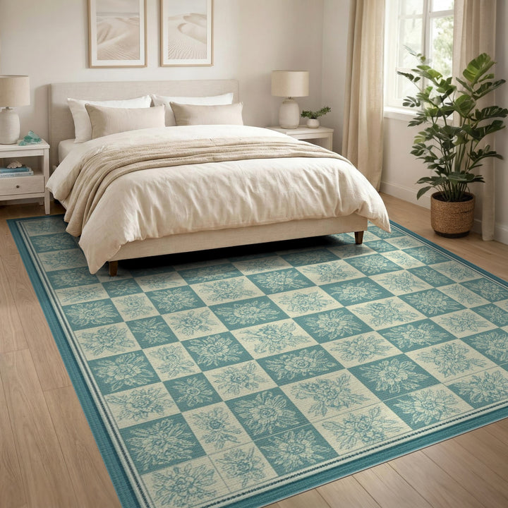 Teal Floral Checkerboard Vintage Area Rug