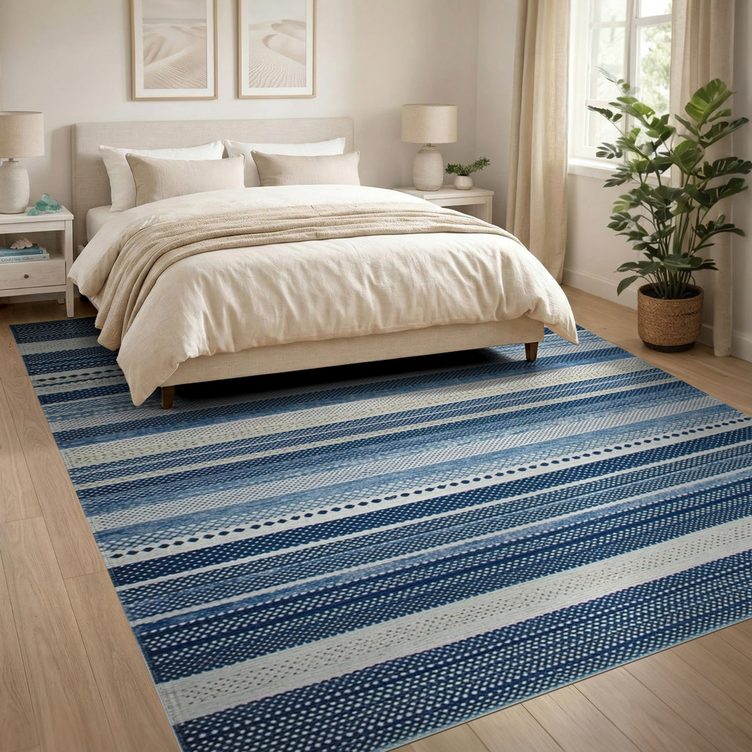 Blue and Teal Blue Striped Coastal Washable Area Rug