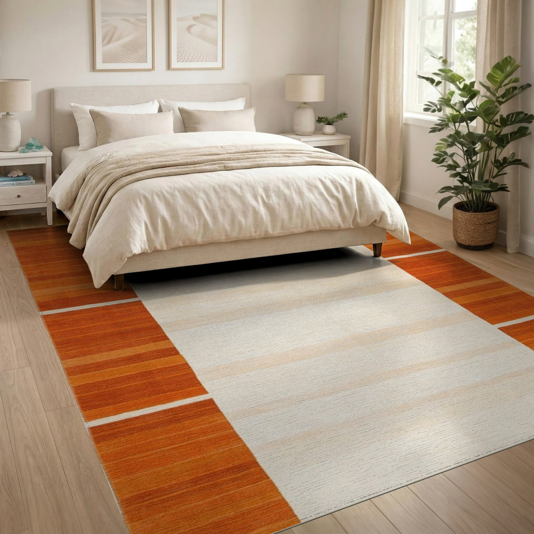 Orange Striped Border Geometric Area Rug