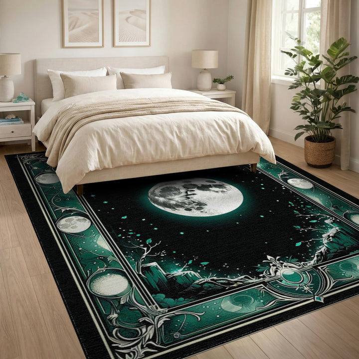 Celestial Moon Birds Teal Area Rug