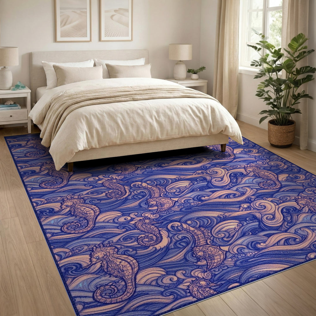 Blue Seahorse Wave Coastal Area Rug