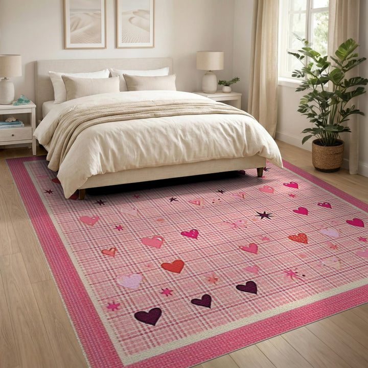 Pink Plaid Hearts Kids Washable Area Rug