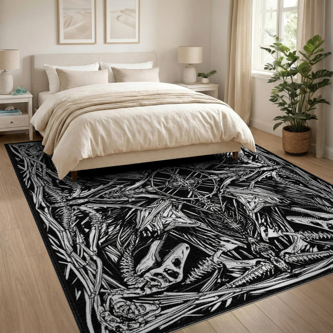 Black and White Dinosaur Skeleton Geometric Area Rug