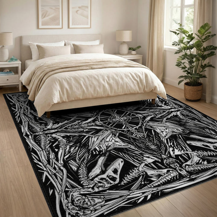 Black and White Dinosaur Skeleton Geometric Area Rug