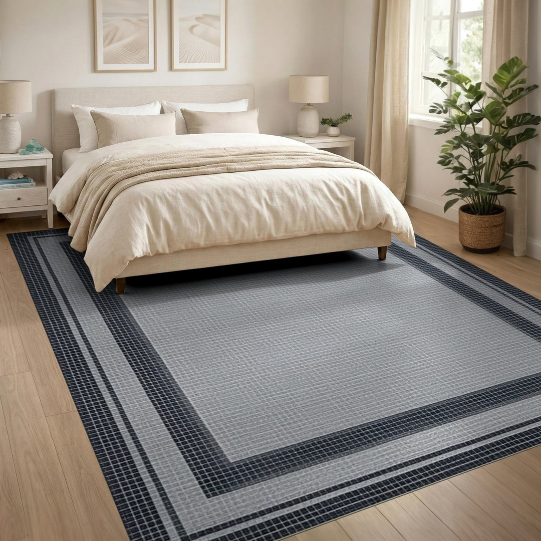 Black White Geometric Border Rug