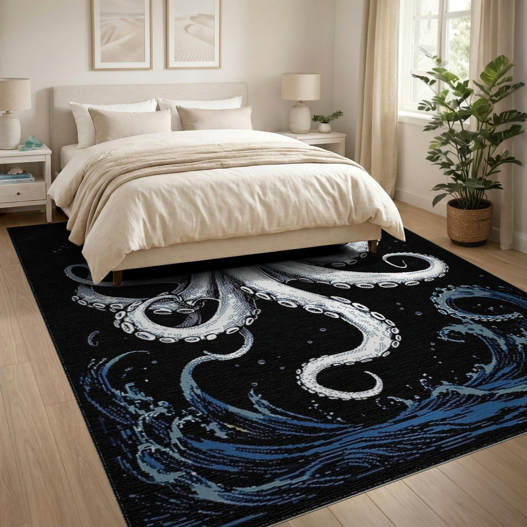 Octopus Waves Black White Area Rug