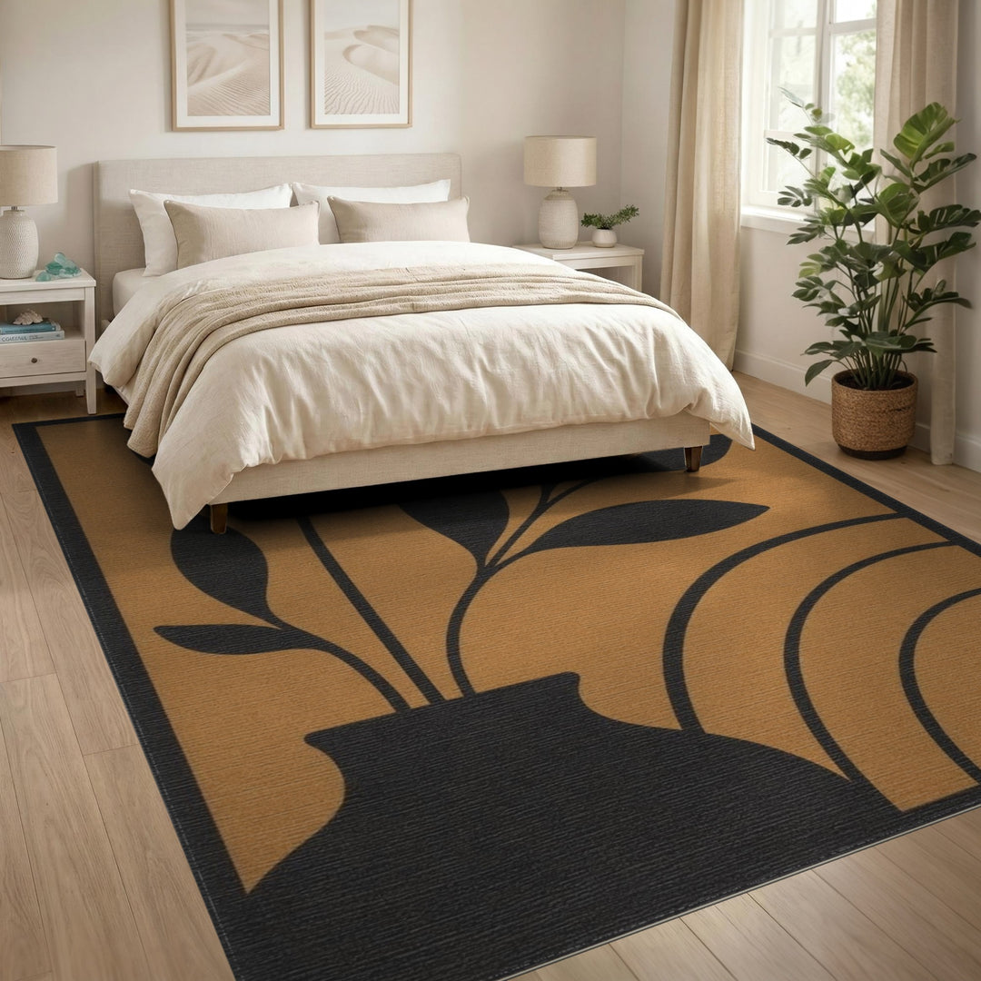 Abstract Botanical Vase Area Rug in Brown Tan