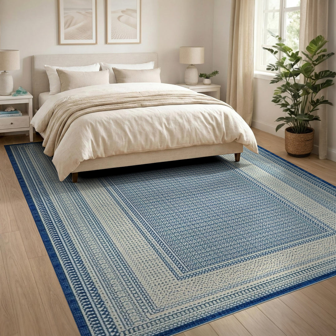 Blue Geometric Bordered Area Rug