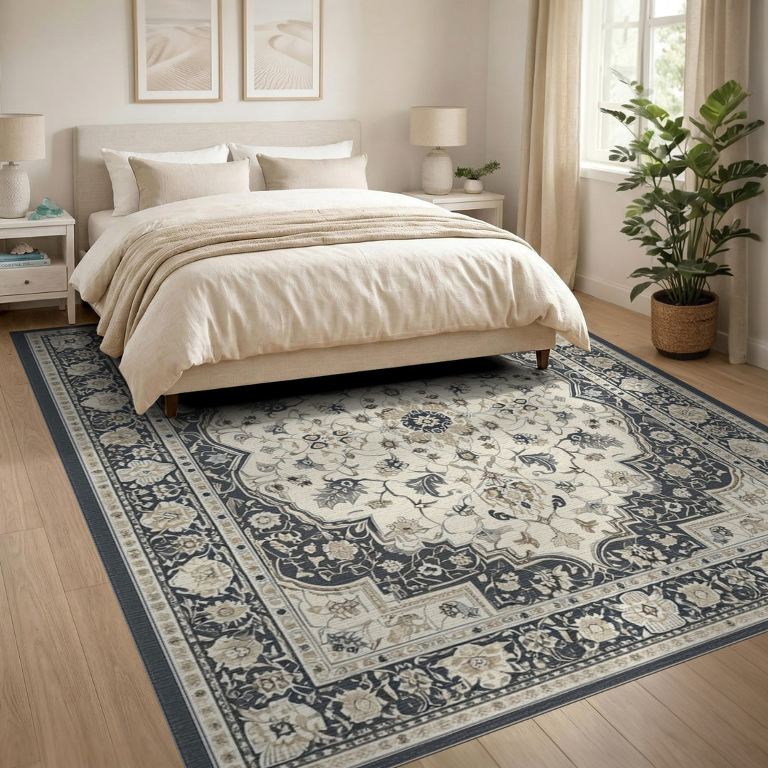 Black Ivory Persian Floral Medallion Area Rug