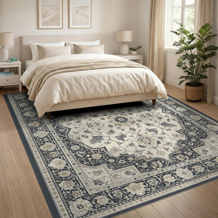 Black Ivory Persian Floral Medallion Area Rug