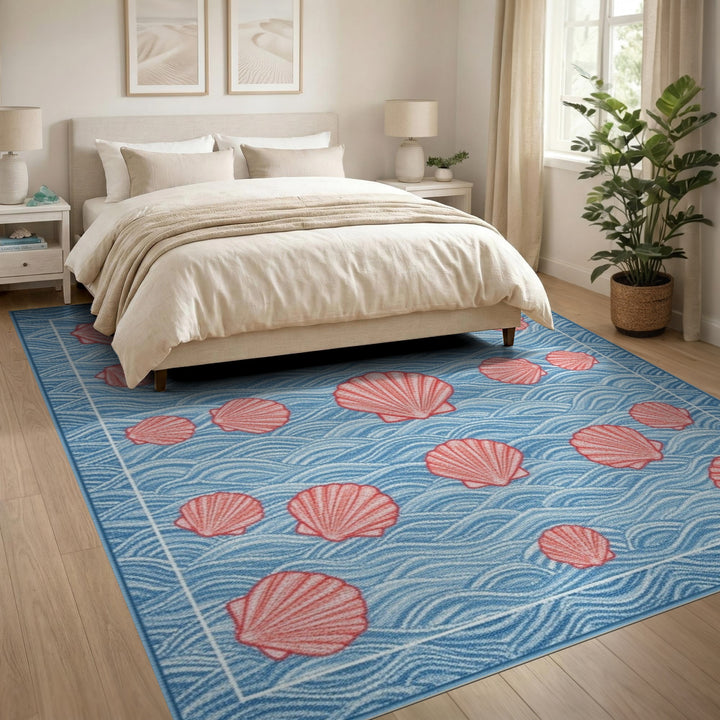 Blue Wave Red Seashell Coastal Area Rug