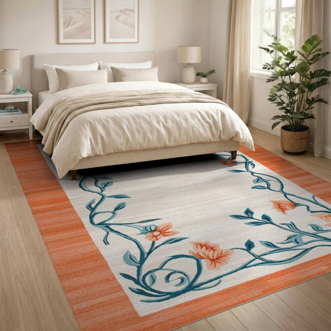 Beige Floral Vine Area Rug with Teal Border