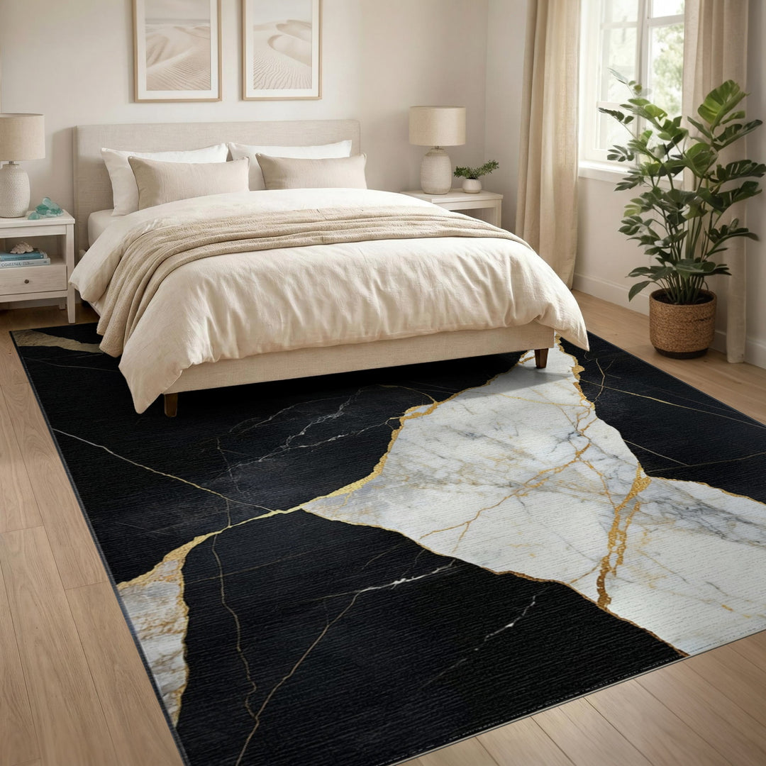 Black and White Black Marble Gold Vein Abstract Area Rug