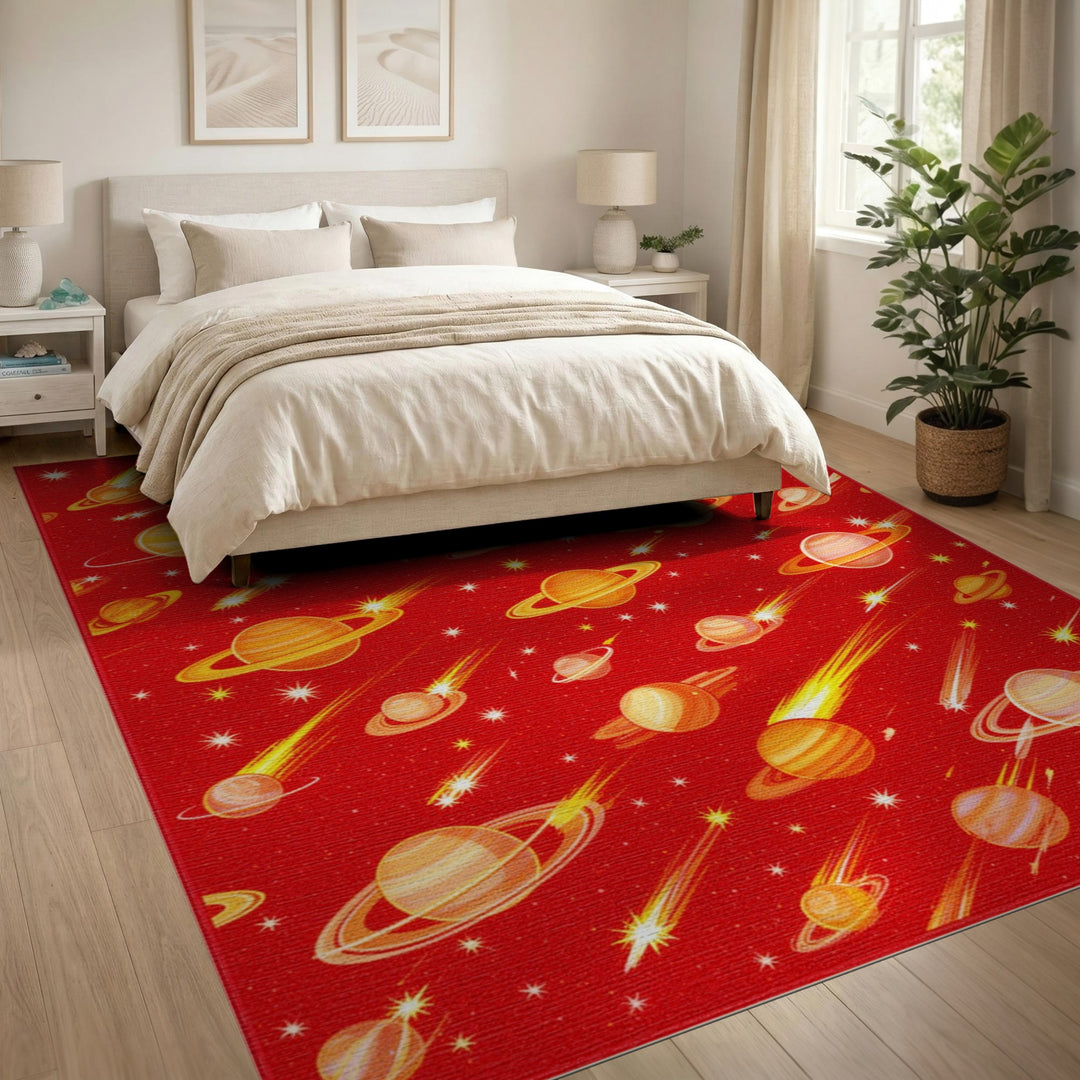 Red Cosmic Planets Kids Area Rug