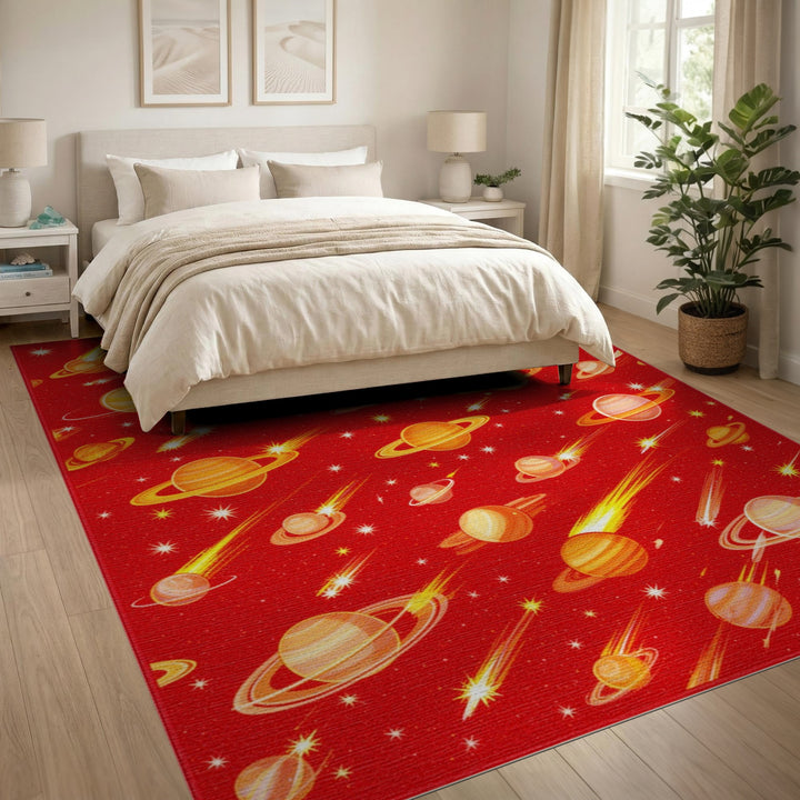 Red Cosmic Planets Kids Area Rug