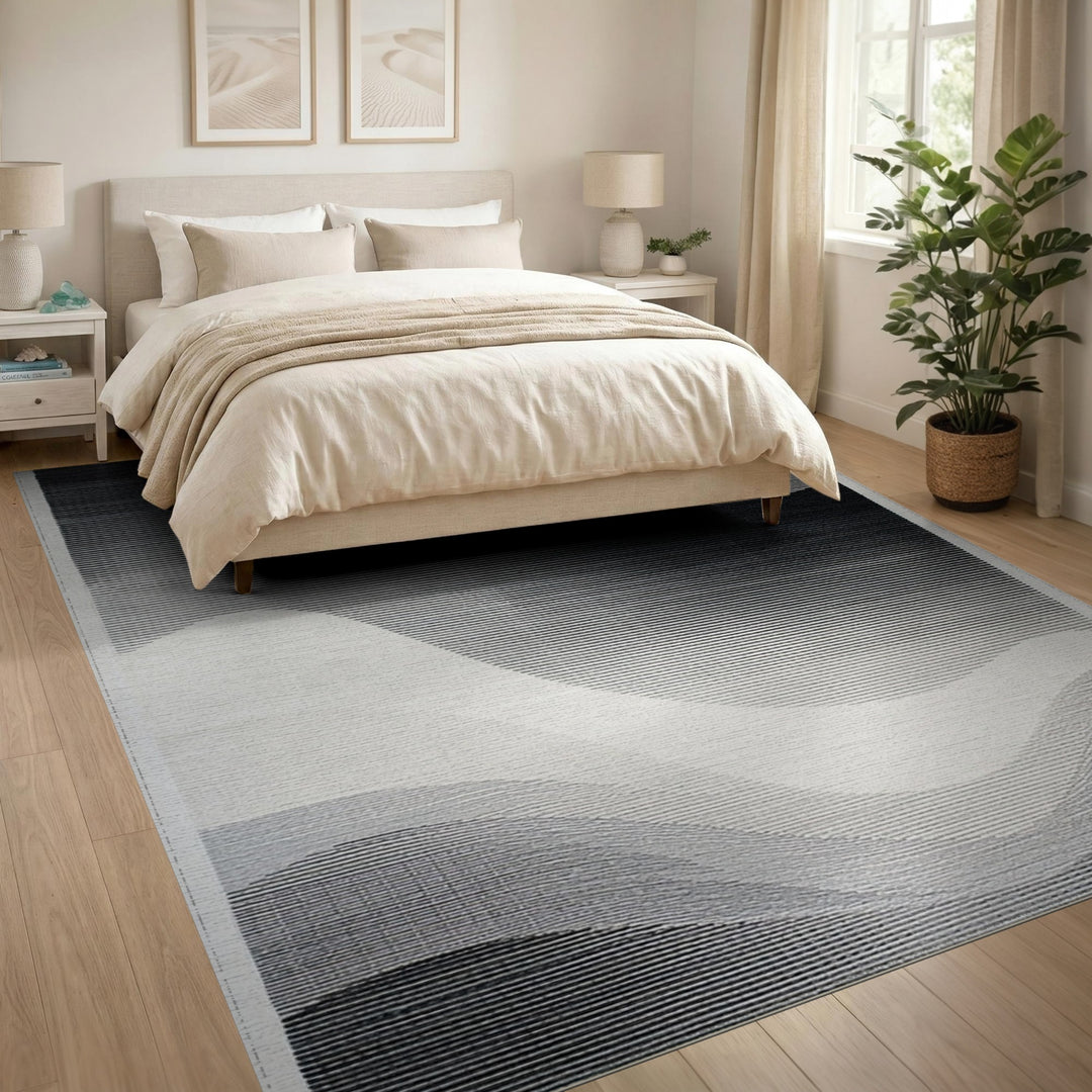 Black White Abstract Wave Area Rug