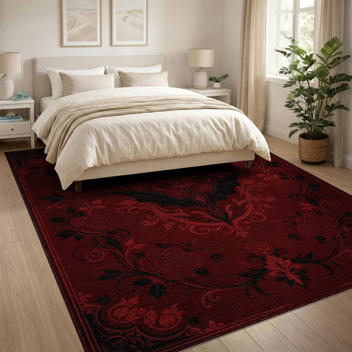 Red Gothic Rose Bat Area Rug