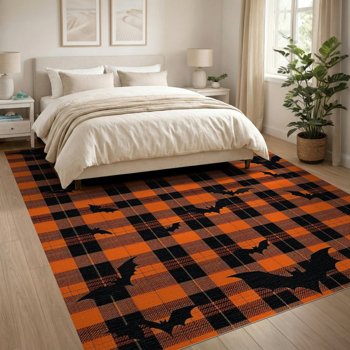 Orange Plaid Bat Silhouette Area Rug