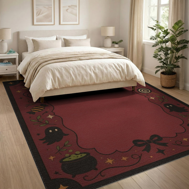 Halloween Black Cat Red Washable Area Rug