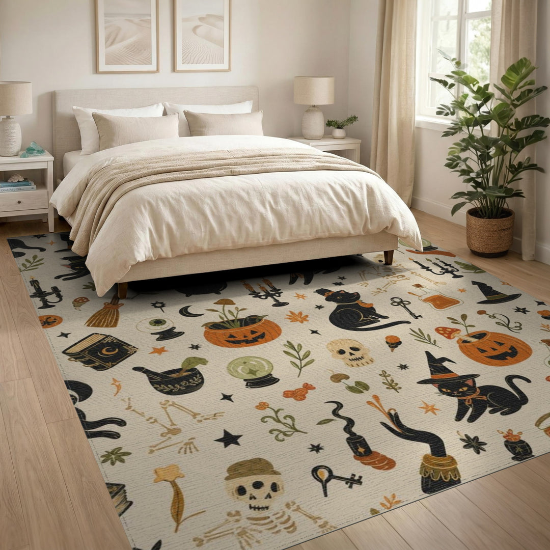 Beige and Neutral Spooky Black Cat Halloween Area Rug