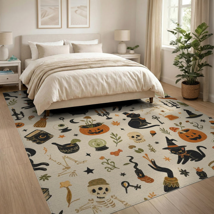Beige and Neutral Spooky Black Cat Halloween Area Rug